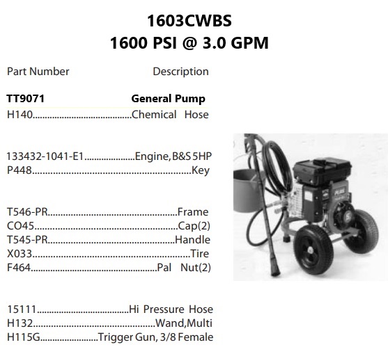 EX-CELL 1603CWBS power washer repair parts